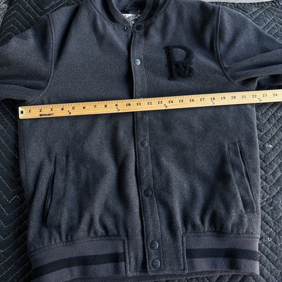Dravus Varsity Letterman Jacket Mens Large Black Gray Snap Button Up Wool - Picture 9 of 13